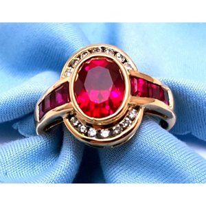 Unique 14K Karat Solid Yellow Gold Designer Synthetic Ruby & Round Diamond Ring